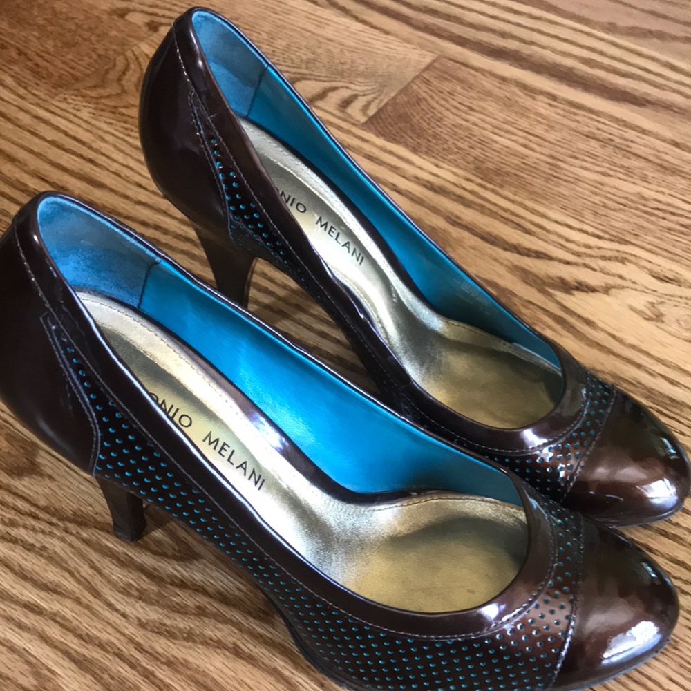 Brown and teal 2.5 inch heels
